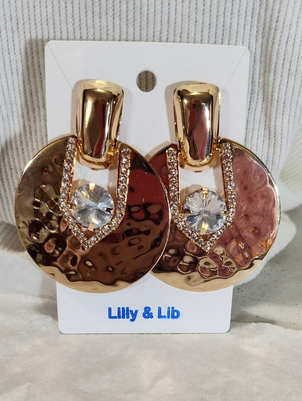 Gold Tone Crystal Bling Disc Doorknocker Earrings